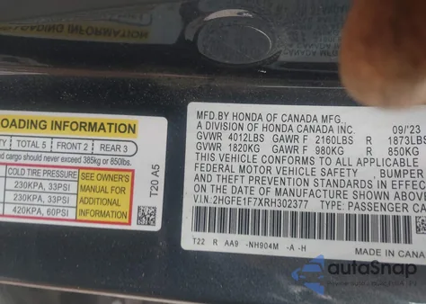 2024 Honda Civic Ex from USA, damaged, VIN 2HGFE1F7XRH302377